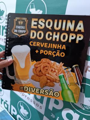 Cardápio encadernado Wire-o papel fotográfico dupla face, plastificação em polaseal e encadernação em Wire-o A4    